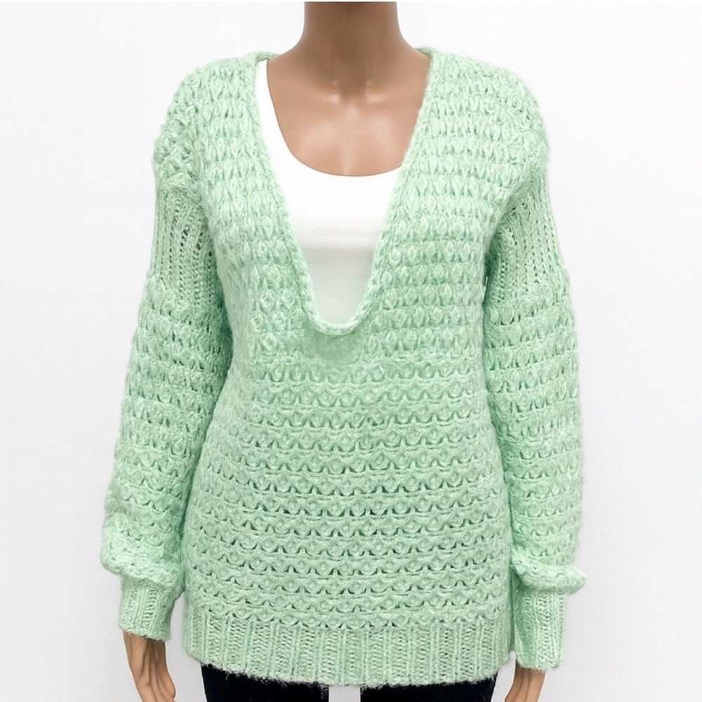 Free People Mint Green Open Knit Sweater XS Oversized Slouchy Boho Pullover